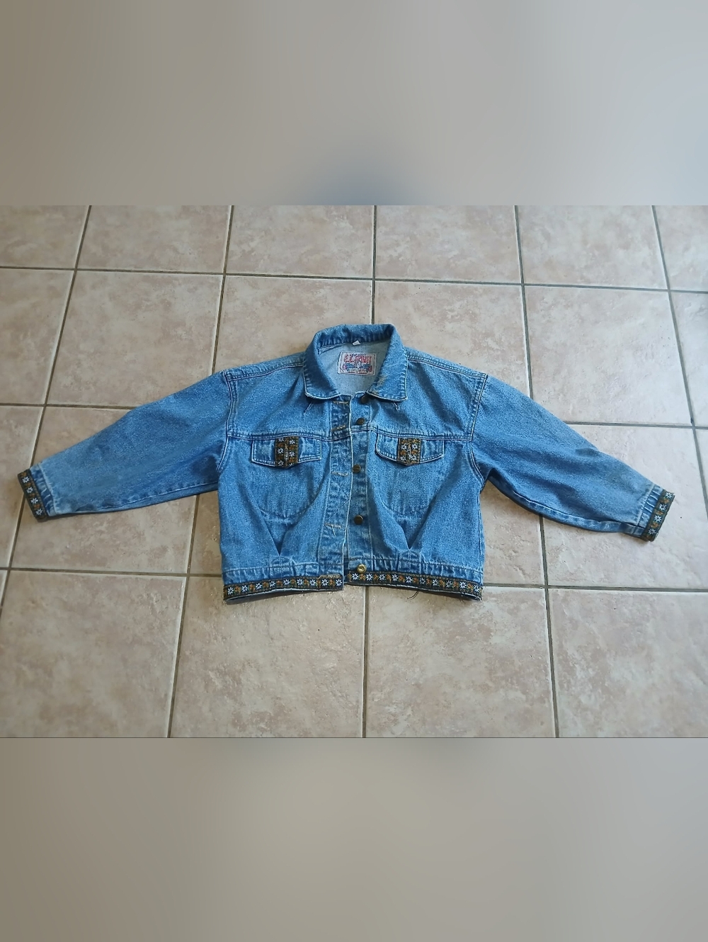 Vintage E.Z. Spirit For Girls Kids Light Blue Denim Jacket with Embroidered Trim